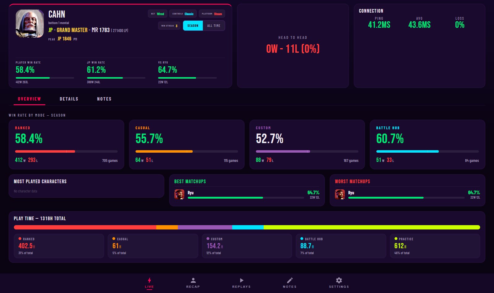 The desktop live view: opponent header, head to head, connection, and tabs across the full width.