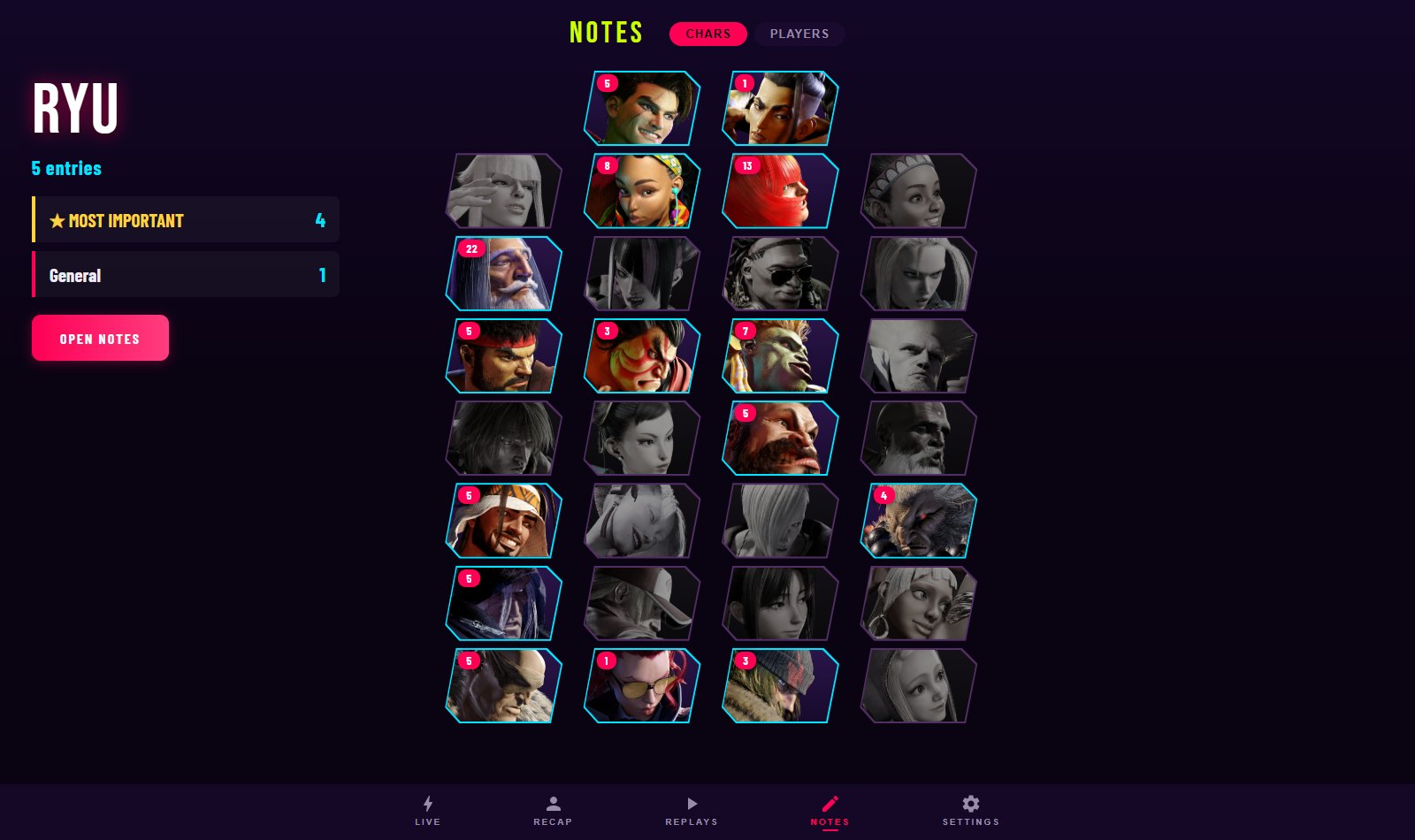 The desktop notes view: the character select grid, coloured where notes exist.