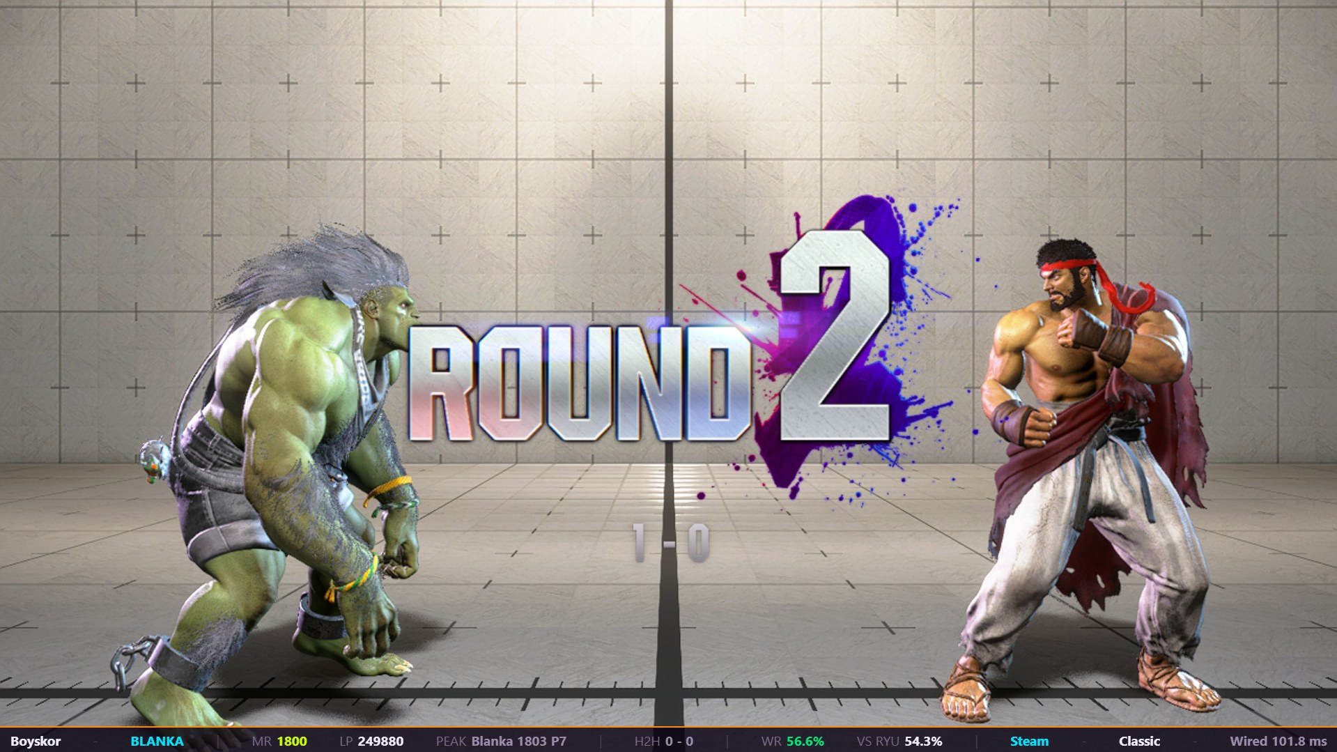 A live Street Fighter 6 round. Along the bottom of the screen HARD READ shows the opponent's name, character, Master Rate, peak, head-to-head record, win rate, win rate against the character being played, platform, control type and ping.